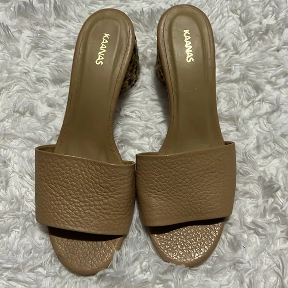 Kaanas Tobago Tan Leather Multicolor Braid Wrapped Block Heel Slides Sandals 8 - Picture 9 of 9